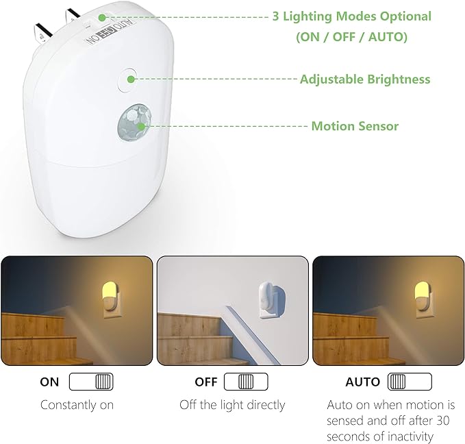 MAZ-TEK Plug in Motion Sensor Dimmable Night Light, Soft Warm White LED Nightlight with Dusk to Dawn Motion Sensor, Adjustable Brightness for Bedroom, Bathroom, Kitchen, Hallway, Stairs,2 Pack