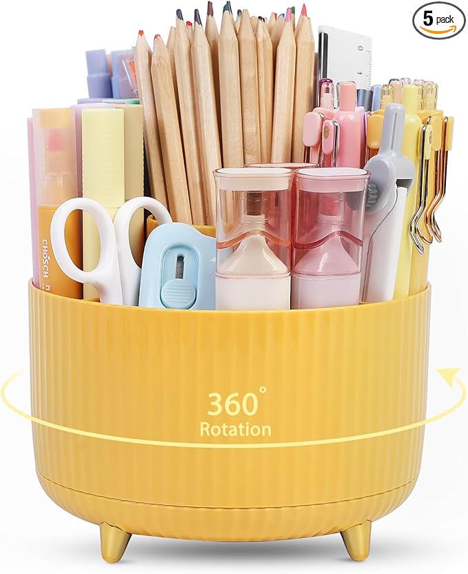 SKYDUE 360 Degree Rotating Desk Organizer, Dual-Purpose Pencil Pen Holder, Rotating Desk Pen Organizer with 5 Slots, Pencil Cup for Office, School, Home