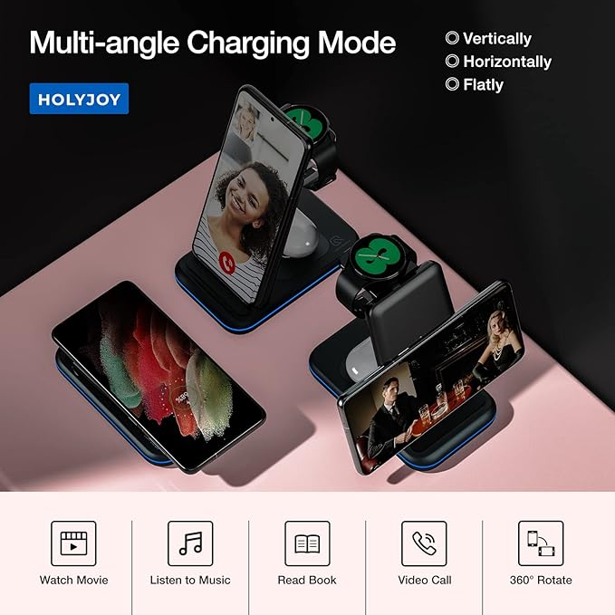 Wireless Charger for Samsung/Android, HOLYJOY Foldable 3 in 1 Fast Charging Station/Stand/Multi Charger for Samsung S25 Ultra/S24/Note 20, Travel Pad for Galaxy Watch 8/7/6/5/Active 2, For Buds(Black)