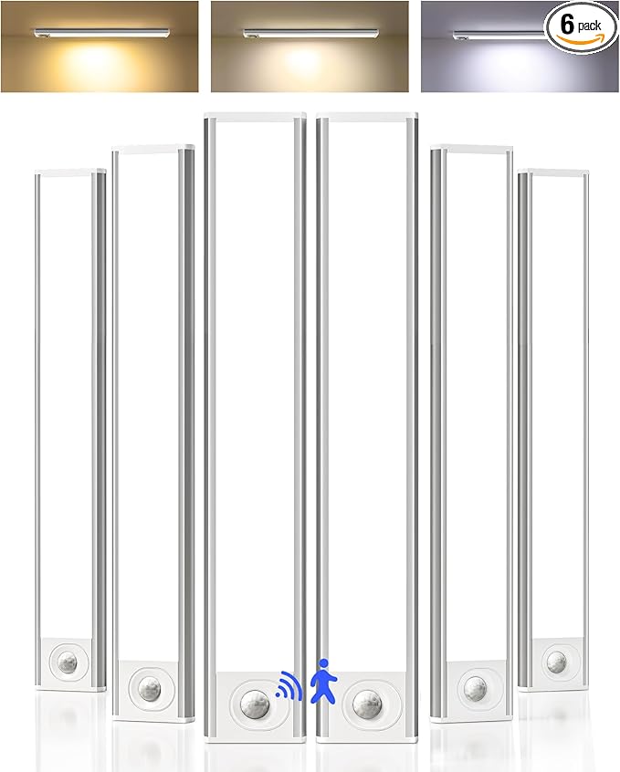Under Cabinet Lighting, 12inch Rechargeable Motion Sensor Light Indoor, 2400mAh Battery Operated Closet Lights, with Dimmable & 3 Color Temps, Wireless Under Counter Lights for Kitchen,Stairs(6Pack) ﻿