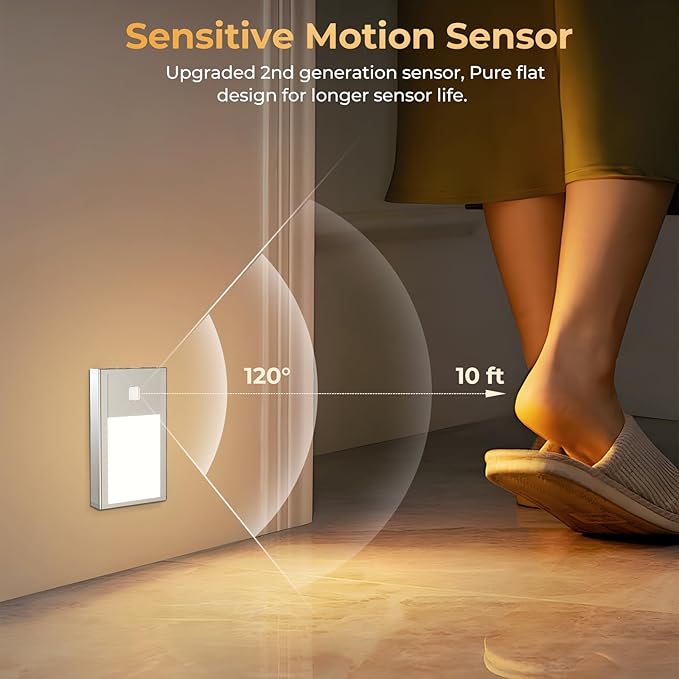 VST Motion Sensor Step Night Light, Rechargeable Battery Powered Stair Lights with Magnetic Suck Installation for Indoor Bedroom Hallway Nursery Kids Room (2.68 inch 3000K 3Pack Silver)