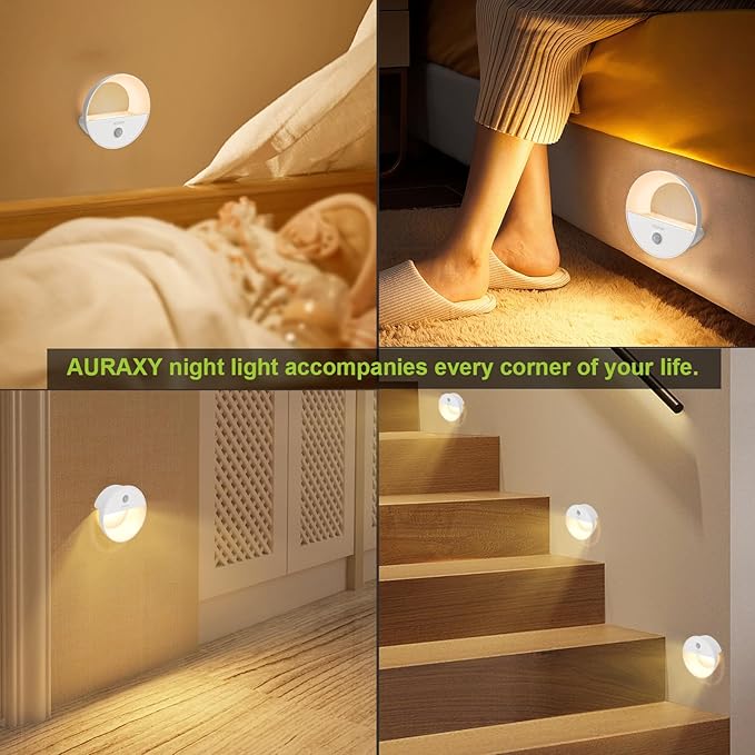 AURAXY Rechargeable Battery Night Light, Motion Sensor Night Light, LED Warm White Magnetic Stick-on Motion Sensored Hallway Light, with Dusk to Dawn Sensor for Stairs, Wall, Closet, Cabinet (3 Pack)