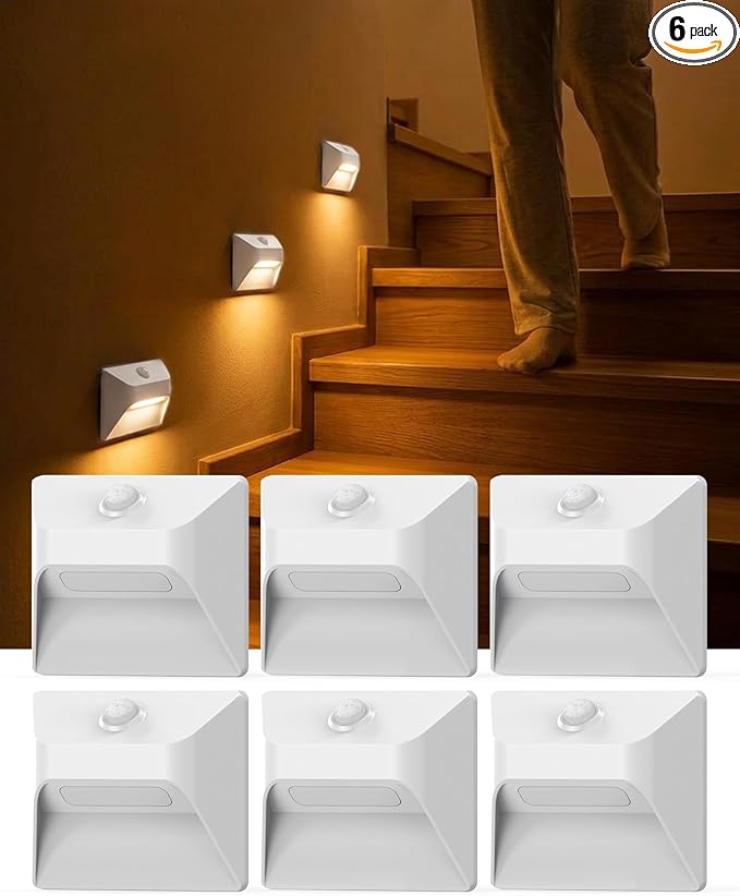 6 Pack Motion Sensor Stair Lights Indoor, 2200mAh Rechargeable Night Light with Magnetic Mount, Hallway Lights, Stick-On Lights for Stairs Hallway Bedroom Bathroom Closet Cabinet (White)