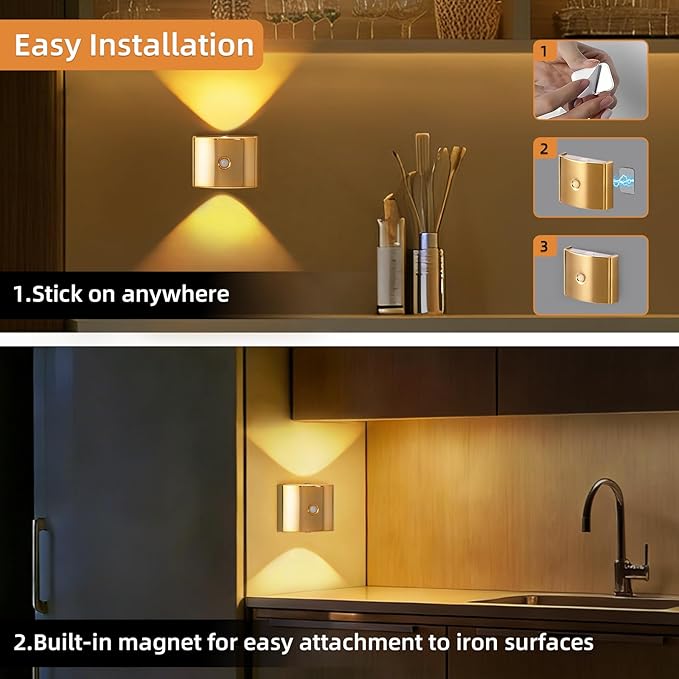 2 Pack Motion Sensor Wall Light, Rechargeable Wall Sconce with 3 Color Temperatures and Brightness Adjustable, Wireless Magnetic Mount for Bedroom, Stair, Hallway, Closet (2, Gold)