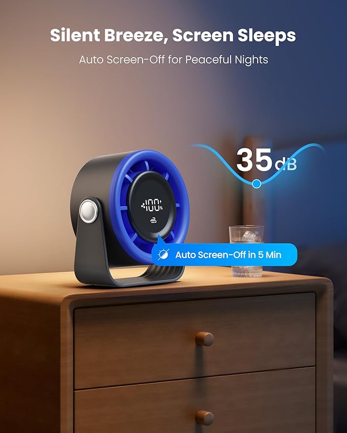Gaiatop Small Desk Fan Rechargeable, Quiet Personal Table Fan, Touch Control Display, 360° Tilt, 5-Speed Strong Wind, 4000mAh Battery, Small Fans for Bedroom Dorm Office, Gifts for Women Men, Blue