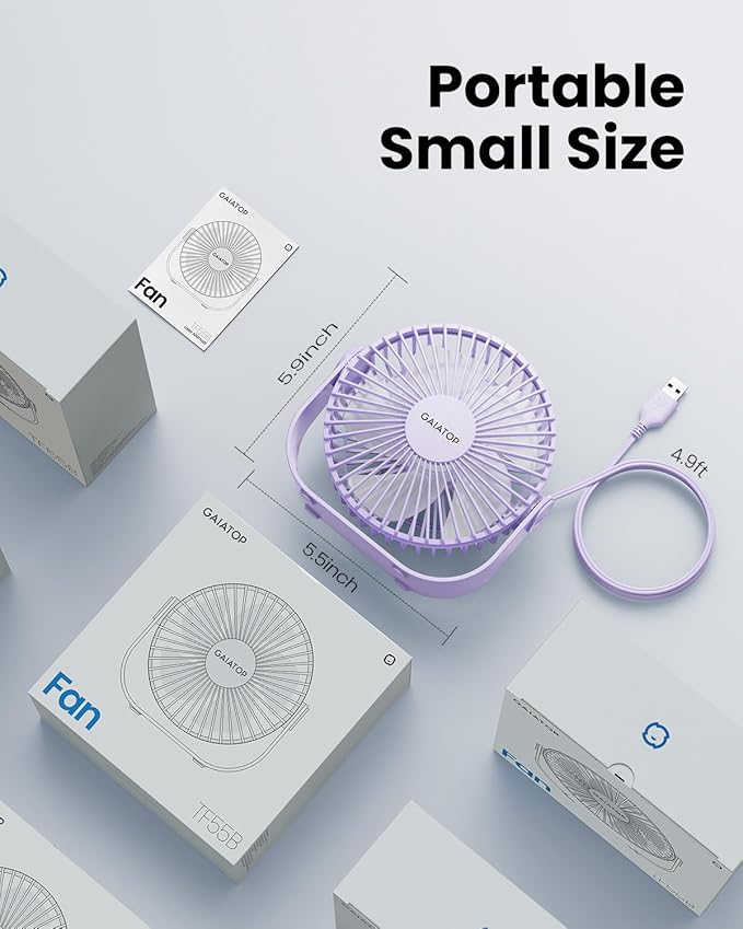 Gaiatop USB Desk Fan, 3 Speeds Strong Airflow, 5.5 Inch Portable 90° Rotate Quiet Cooling, Small Personal Table Fans for Bedroom Home Office Travel Purple