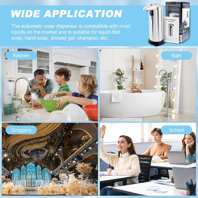 Automatic Soap Dispenser, Stainless Steel Sensor Soap Dispenser, 8.5oz Touchless Liquid Hand Soaps Dispensers with Motion Sensor for Kitchen