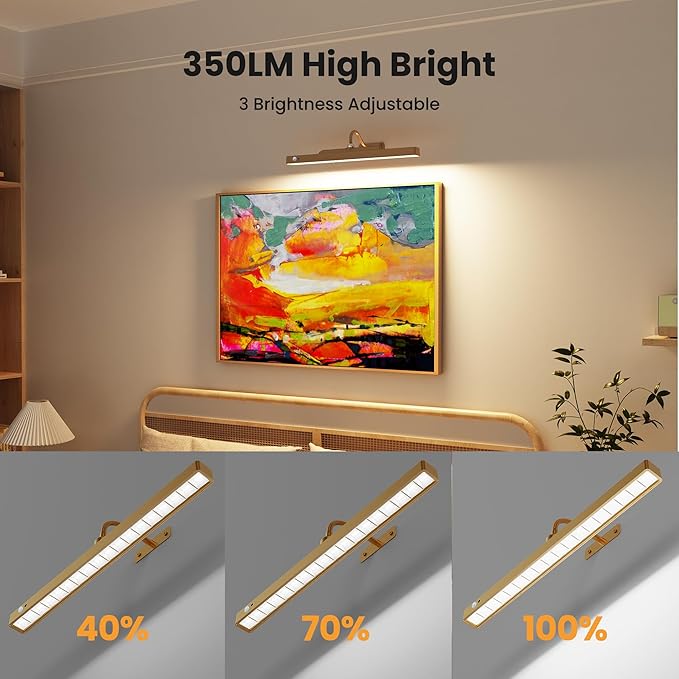 Battery Operated Gallery Lights for Wall Brass– Motion Sensor Picture Light, 5000mAh Wireless and Dimmable 3CCT Art Light Over Frame, Paintings, Photos, Mirrors (2Pack)