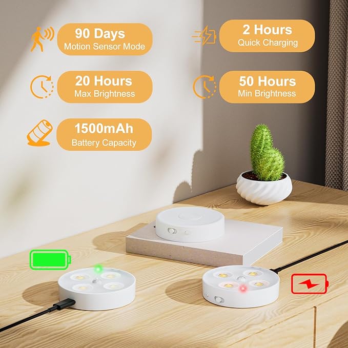 Under Cabinet Lighting, 1500mAh Rechargeable Motion Sensor Puck Lights with Remote, 3 Color Temper, Magnetic Stick on Light, Dimmable Under Counter Lights for Kitchen, Shelf, Closet, Stair, 6Pack