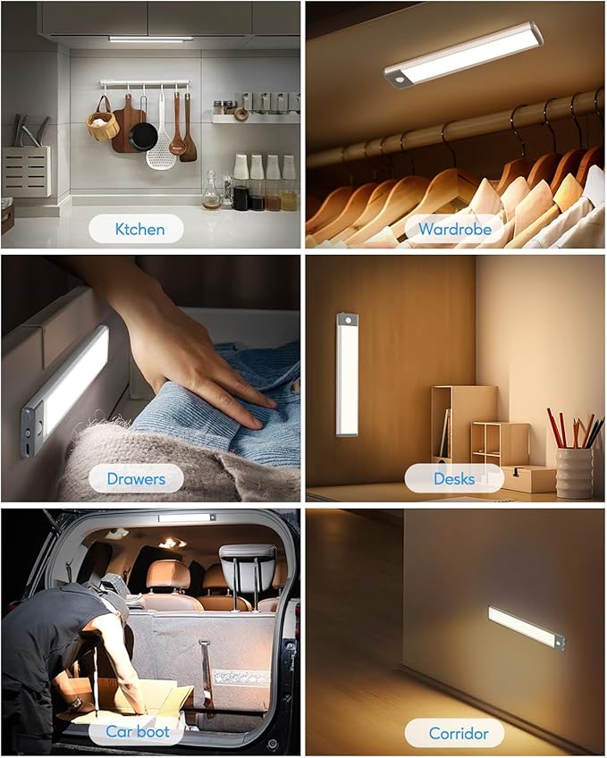 HIBOITEC Under Cabinet Lights - Motion Sensor, 3 Color Temperatures Wireless Rechargeable Night Lights, Dimmable for Kitchen, Wardrobe, Closets, Cupboard