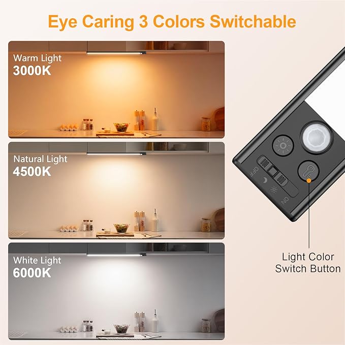Gritin 14.7inch Under Cabinet Lighting Rechargeable 2 Pack- 3 Color Temps&5 Level Brightness, Super Bright, 4 Modes, Motion Sensor, Long Lasting - Easy Installation Magnetic Under Closet Lights-Black