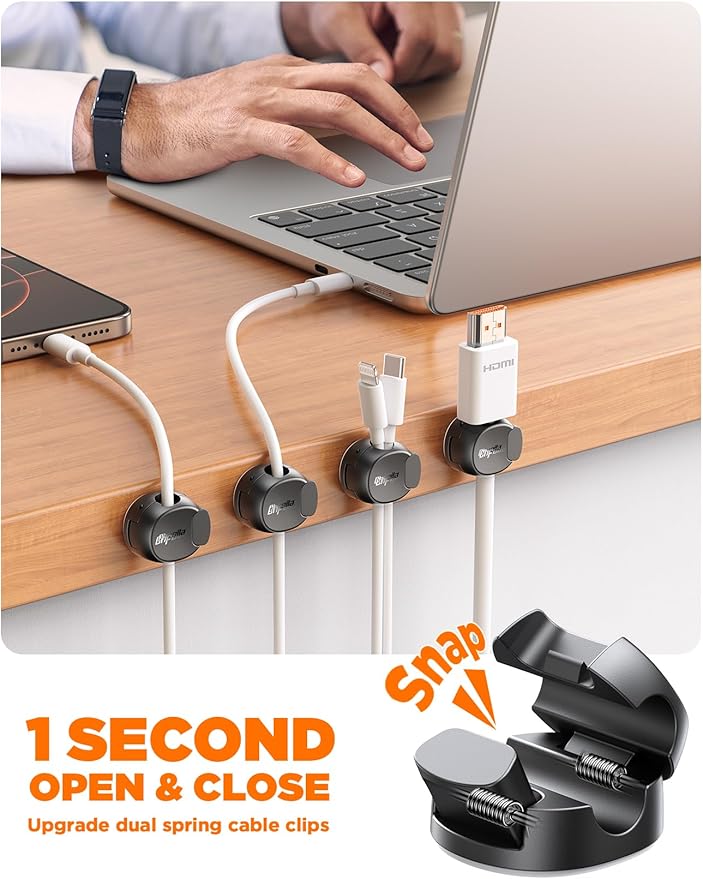 12Pack Cord Organizer [Dual Spring & Clasp, Max Secure] Cable Clips - Chfeila Cord Holder, Desk Cable Management, Adhesive Phone Charging Wire Holder for Nightstand/Car/Wall, Office Accessory - Black