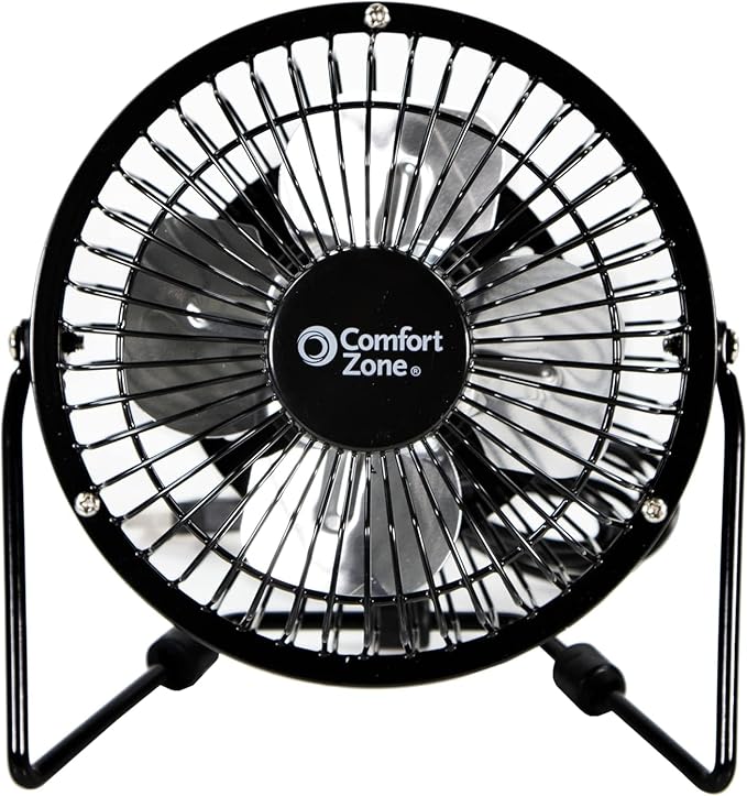 Comfort Zone 4-inch All-Metal Mini Desk Fan – High Velocity Portable USB Fan with 120V Wall Adapter, 360° Adjustable Tilt & Quiet Operation – Compact Electric Table Fan for Office, Home & Travel