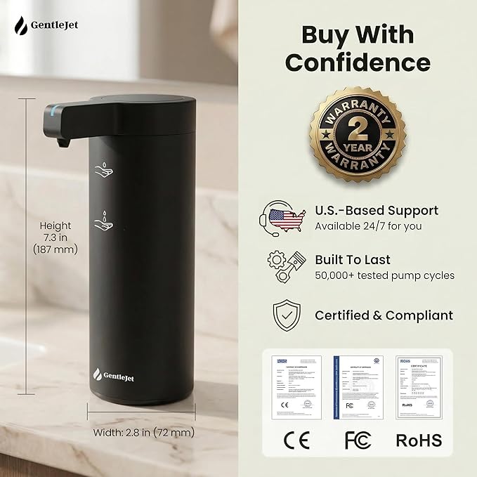 GentleJet SmoothDrop Automatic Liquid Soap Dispenser Touchless, No-Drip Precision Pump, USB-C Rechargeable, 304 Stainless Steel, Waterproof Countertop Dispenser for Kitchen & Bathroom Sink, 270 ml