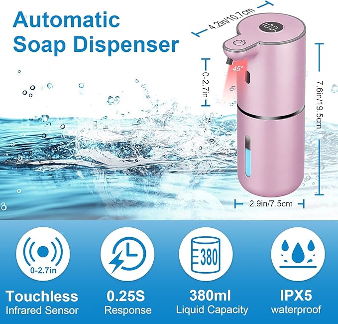 OHIFAST Automatic Liquid Soap Dispenser Touchless, USB Rechargeable Smart Hand Soap Dispenser, 6-Level Adjustable, 12.8oz/380mL Wall Mounted for Bathroom Kitchen Accessories Dish Soap-Rose Gold