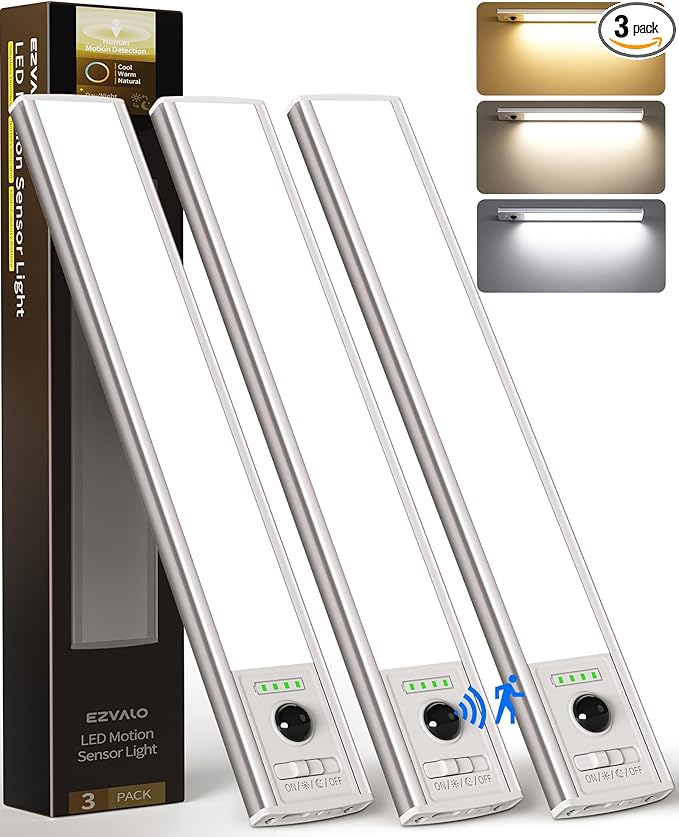 EZVALO 3 Pack Under Cabinet Lighting Wireless with Battery Indicator, 2000mAh Rechargeable Motion Sensor Light Indoor, 10inch 80 LED Under Counter Lights for Kitchen Closet, 3 Color Temps, Dimmable