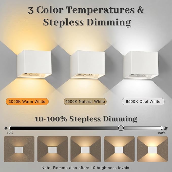 Rechargeable Motion Sensor Wall Light Indoor Set of 2, 6000mAh Cordless Battery Operated Wall Sconce Up Down with Touch & Remote Control, 3 Colors Dimmable Battery Powered Stick On Wall Lights, White