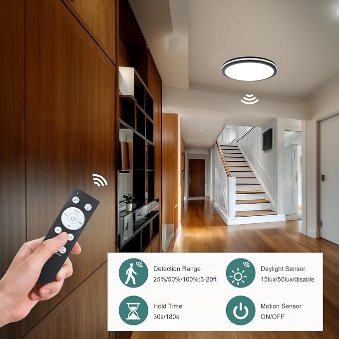 Motion Sensor Ceiling Light Wired,11 Inch Flush Mount Ceiling Light Fixture, Motion Sensor Light Indoor for Stair Closet Porch Hallway Laundry, Sensor Lights Indoor 3000k/4000k/6000k Black