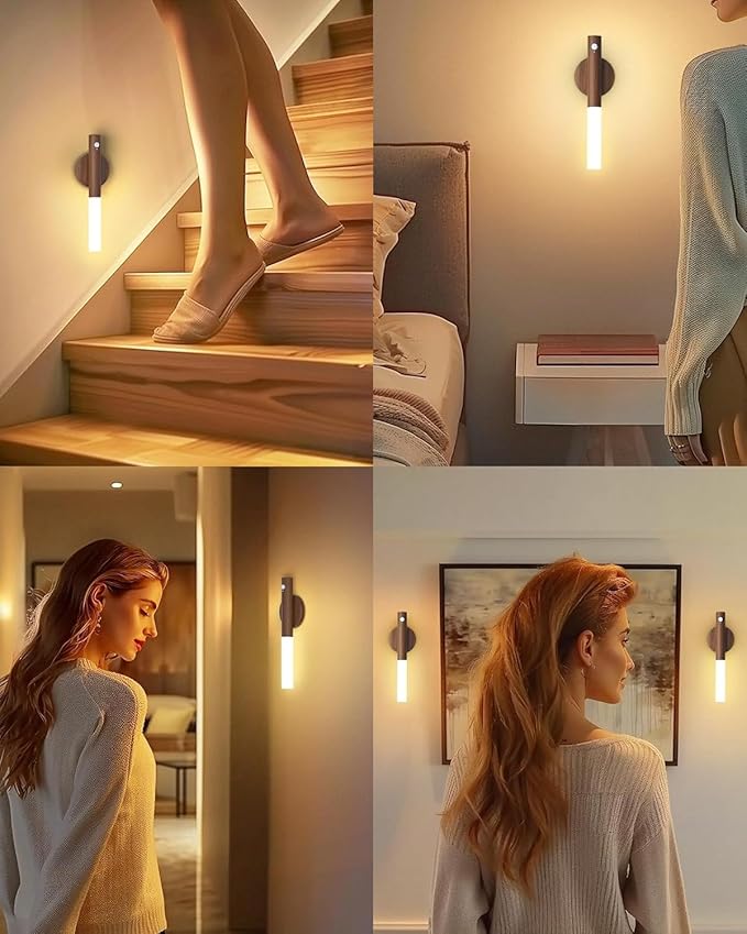 Battery-Operated Motion Sensor Night Lights: 2200mAh Rechargeable Wall Sconces Magnetic Wall Lights Wireless Stairway Lights Portable Hallway Light Wooden Wall Lighting for Bedroom Stair Picture