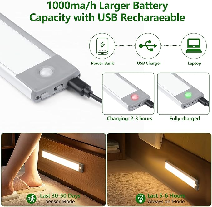 HIBOITEC Under Cabinet Lighting Motion Sensor Lights Indoor, 3 Color Temperatures Wireless Rechargeable Closet Light, Dimmable Under Counters Light for Kitchen, Wardrobe, Closets, Cupboard, 1Pack