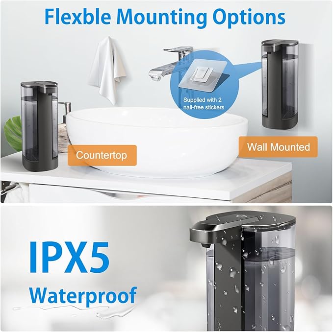 Automatic Liquid Soap Dispenser, Rechargeable, Touchless, 17oz/500ml with 4 Adjustable Soap Levels, Wall Mount & Waterproof, Liquid Hand/Dish Soap Dispenser for Bathroom Kitchen