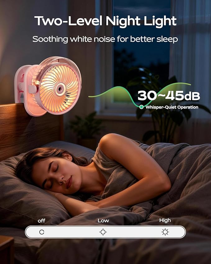 SWEETFULL Portable Misting Clip On Fan, USB-C Rechargeable Mini Personal Cooling Fan with 4 Speeds, 360° Rotatable, Quiet Cooling for Outdoor, Camping, Golf Cart, Travel, Stroller & Desk (Pink)