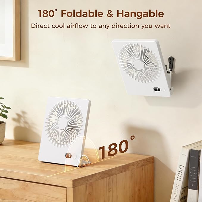 Zuvas Desk Fan Battery Operated Fan Rechargeable 180°Tilt Folding Personal Fan Ultra Quiet Small Portable 3 Speed Adjustable Strong Wind Fan For Office Bedroom Home Desktop Camping (White)