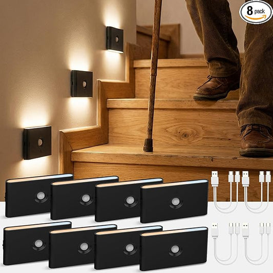 wowatt 3CCT Rechargeable Stair Lights Indoor, Black Stairway Lights Indoor with Magnetic Mount, Dimmable Stair Lights Motion Sensor for Stairway, Hallway, Kitchen, Bathroom(8 Packs)