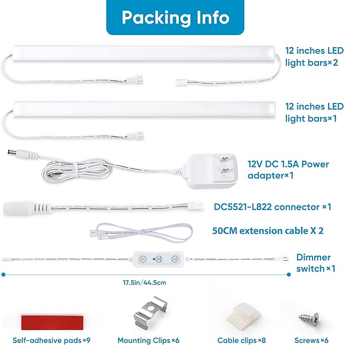 Litever Under Cabinet Lighting Set Plug in, 3 pcs 12 Inches LED Light Bars. Super Bright Dimmable Linkable for Kitchen Undercabinet Counter Top Shelf Pantry Closet Display Lighting. Warm White 3000K
