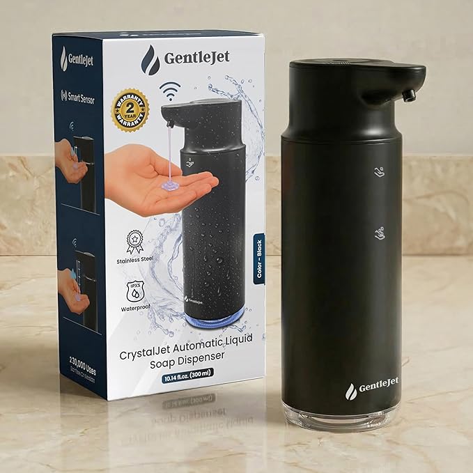 GentleJet CrystalJet Automatic Liquid Soap Dispenser Touchless Sensor, Stainless Steel, USB-C Rechargeable, Waterproof Kitchen & Bathroom Countertop Soap Dispenser, 300 ml