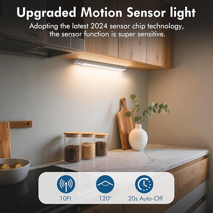 Under Cabinet Lighting 1800mAh Long Battery Life,2 Pack Dimmable Motion Sensor Light Indoor,USB C Rechargeable Under Cabinet Lights Wireless,Under Counter Lights for Kitchen Drawers, Wardrobe, Stair