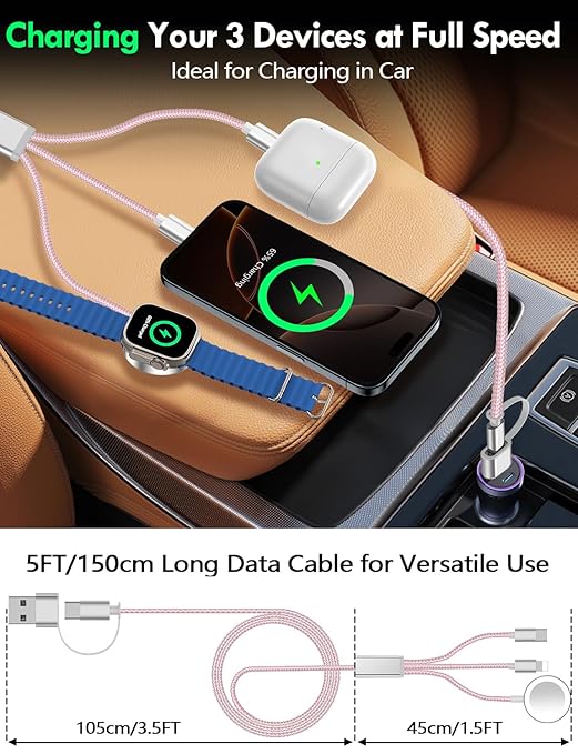 1Pack Multi Charging Cable Cord for Travel Essentials,Apple Watch Charger,iPhone Charger,[3-in-2] Type C/Lightning Cable Portable Designed for iWatch,iPhone 17-8,Galaxy S25-21,AirPods,iPad-1.5M Pink