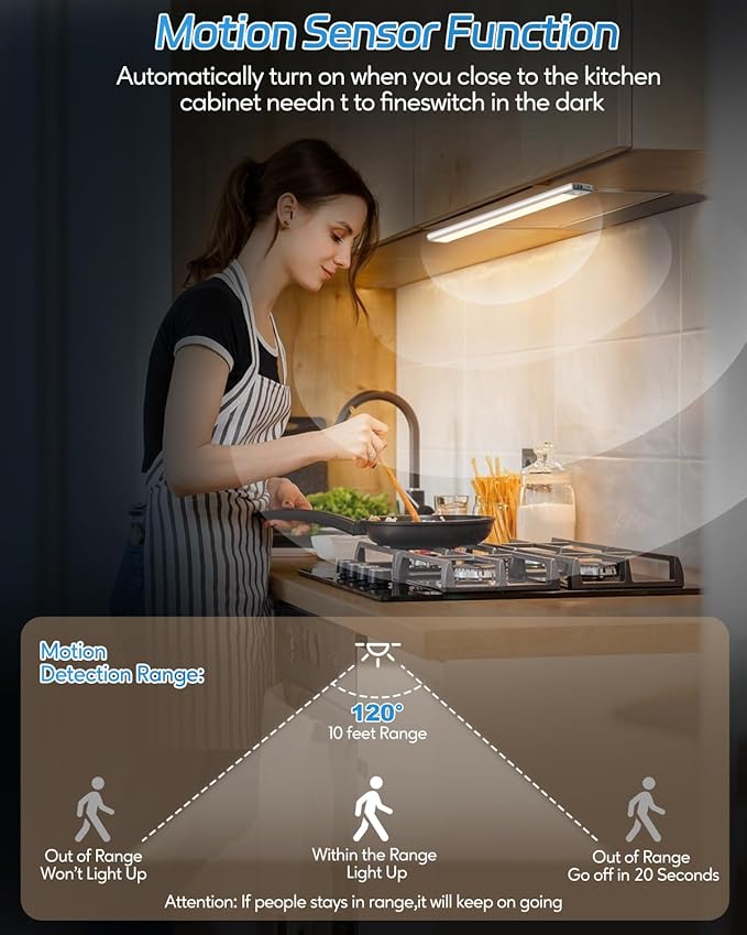 HIBOITEC 60 LED Under Cabinet Lighting 2 Packs, Stepless Dimming Motion Sensor Light Indoor, 3 Color Tempera Wireless Closet Lights, 2500mAh Rechargeable Battery Operated Light for Kitchen, Hallway