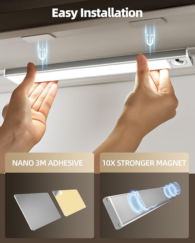 6Pack 12inch Under Cabinet Lighting, Rechargeable Motion Sensor Light Wireless Indoor, Dimmable 3 Color Temps Closet Lights with Remote, Indoor Under Counter LED Lights for Kitchen, Stairs
