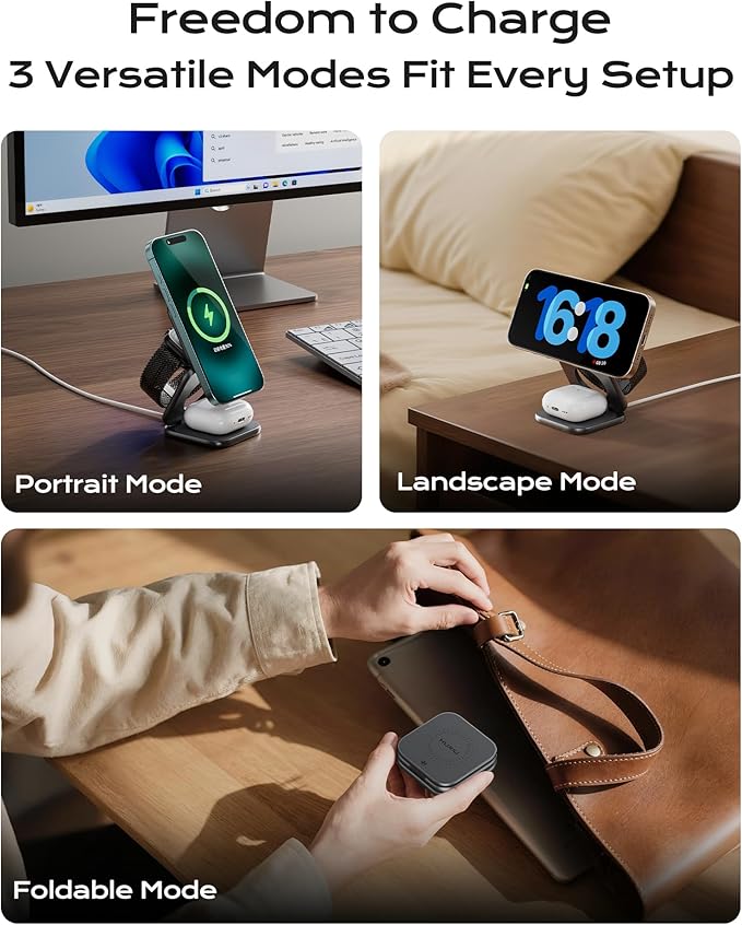 KU XIU Qi2.2 25W Magnetic Wireless Charger, Foldable 3 in 1 Travel Charging Station for iPhone 17/16/15/14/13/12, 5W for Apple Watch & AirPods, Aluminum Alloy Design, 45W GaN Adapter Included, Gray