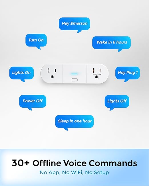 Emerson SmartVoice 2-in-1 Dual Smart Wall Plug Outlet, Voice Control, No WiFi or App, Outlet Extender with Sleep & Wake Timer, Hands-Free Control, ETL Listed