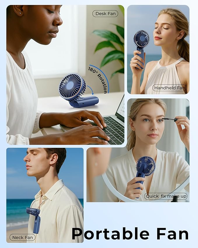 TUNISE Portable Handheld Fan, Portable Fan Rechargeable, 4000mAh, 180° Adjustable, 6 Speed Wind, Display Electricity in Real Time, USB Rechargeable Foldable F an, Quiet Personal Fan with Power Bank