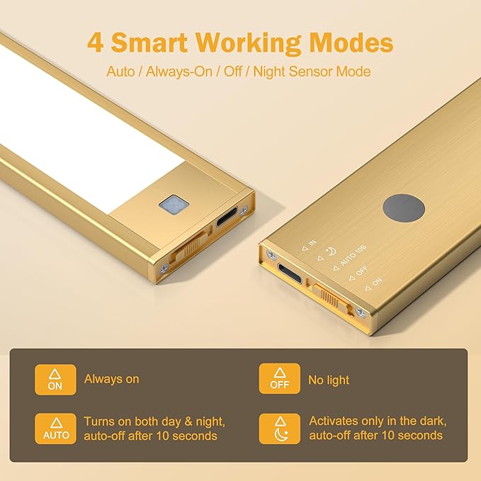 V4light Rechargeable Motion Sensor Under Cabinet Light, Magnetic LED Bar with 1500mAh, Gold Aluminum Accent Lighting, Dimmable 3 Color Temperatures for Kitchen Cabinets, Shelves & Closets (9 in)