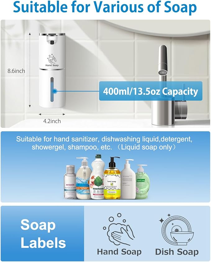Automatic Liquid Soap Dispenser,Digital Display 9-Level Adjustable Touchless Smart Hand & Dish Soap Dispenser, USB Rechargeable, 13.5oz/400mL Wall Mounted for Bathroom Kitchen, Hotel, Restaurant