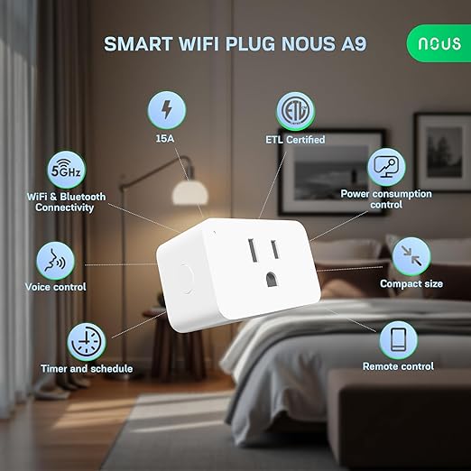 NOUS Wi-Fi Smart Plug 15A, Dual-Band 2.4GHz & 5GHz, Energy Monitoring, Compatible with Alexa, Google Home, Tuya App, Remote Control, Timer, Compact Design, Smart Outlet, 3 Pack