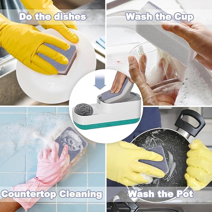 Dish Soap Dispenser for Kitchen Sink with Sponge Holder 3 in 1 Easy Refill Dish Soap Dispenser with Sponge Holder 20 Ounces Sponge Soap Dispenser- White