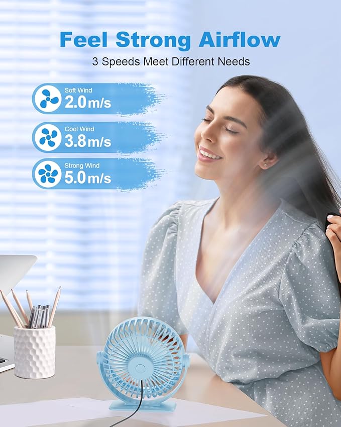 TriPole Small Desk Fan USB Powered Mini Portable Fan, 3 Speeds Strong Breeze Electric Fans, 360° Rotation Quiet Plug In Personal USB Cooling Fans for Desktop Bedroom Office Table Travel Cruise, Blue