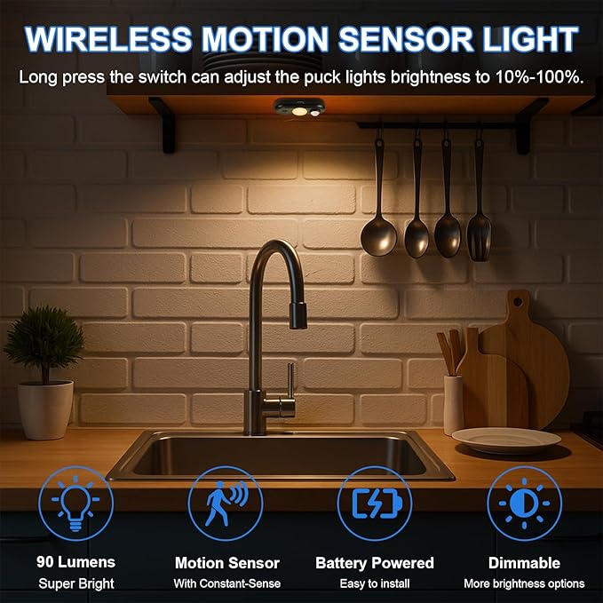 LED Motion Sensor Light Indoor, Magnetic Under Cabinet Lighting Warm White, Black Dimmable Rechargeable Puck Lights for Closet, Kitchen, Stairs(6 Pack)