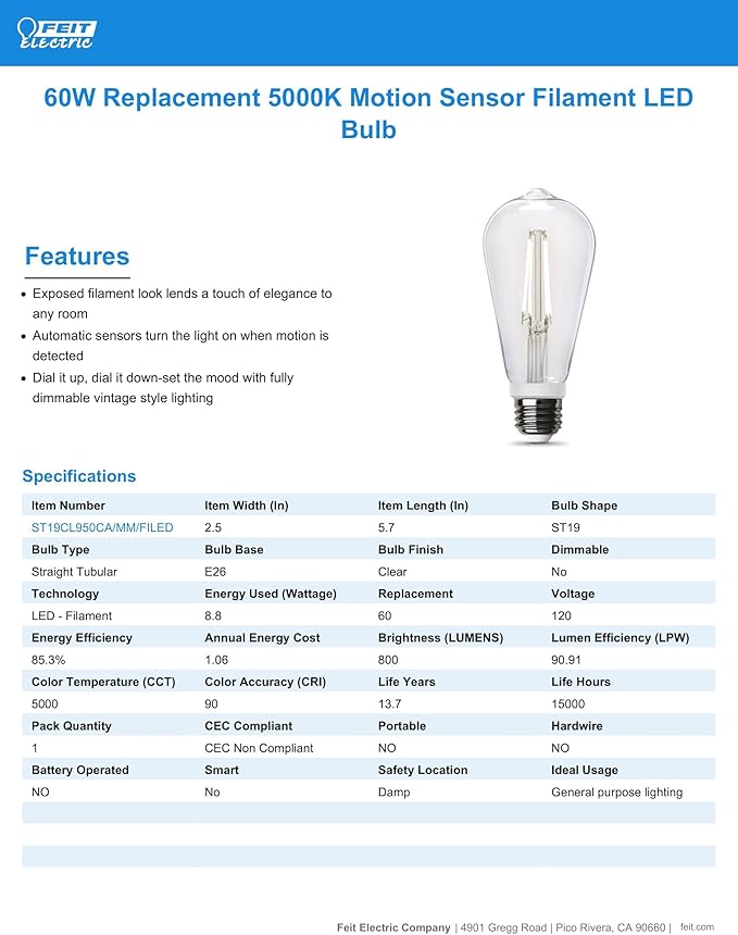 Feit Electric Indoor/Outdoor and Non-Dimmable LED Bulb with Exposed Filament and Motion Sensor Activation (Works in the Dark Only) ST19 on E26 Base, 60W Equiv, 5000K, Daylight - ST19CL950CA/MM/FILED