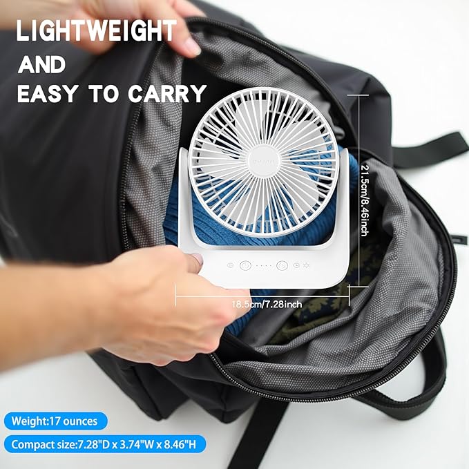 5000mAh Small Desk Fan 6-Inch, Portable Desktop Fan with Intelligent temperature control function,Small Battery Operated USB Fan with Light & Hook for Bedroom, Home, Office, Travel & Cruise