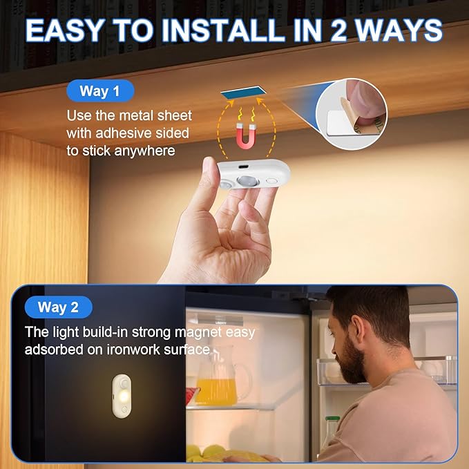 LED Motion Sensor Light Indoor, Magnetic Under Cabinet Lighting Warm White, Dimmable Rechargeable Puck Lights for Closet, Kitchen, Stairs(6 Pack)