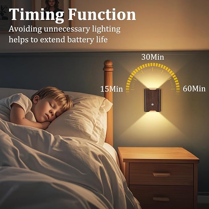 Rechargeable Motion Sensor Wall Light - 3 Colors Battery Powered Wireless Wall Sconces Set of Two with Remote, Magnetic Motion Sensor Stair Lights Indoor Night Light for Bedroom Hallway Closet, Walnut