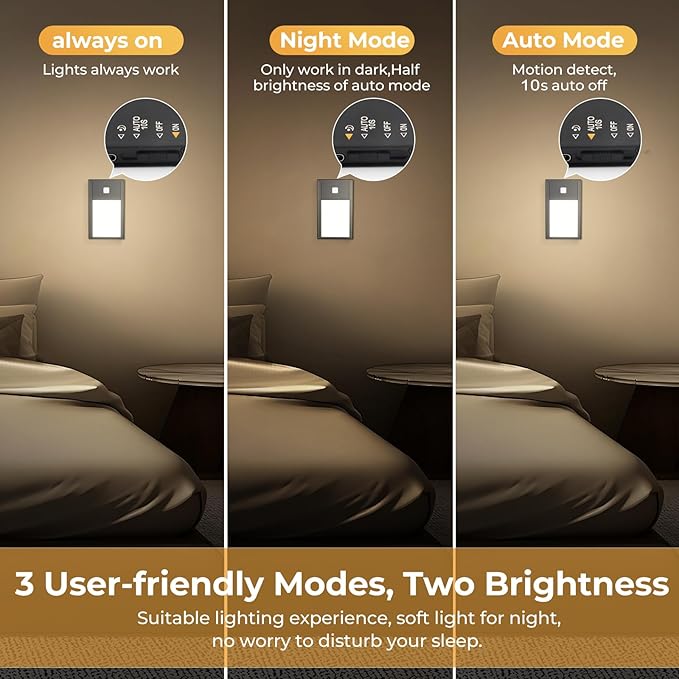 VST Motion Sensor Step Night Lights, Rechargeable Battery Powered Stair Lights with Magnetic Suck Installation for Indoor Bedroom Hallway Stair Nursery Kids Room (2.68 inch 3000K 3Pack Black)