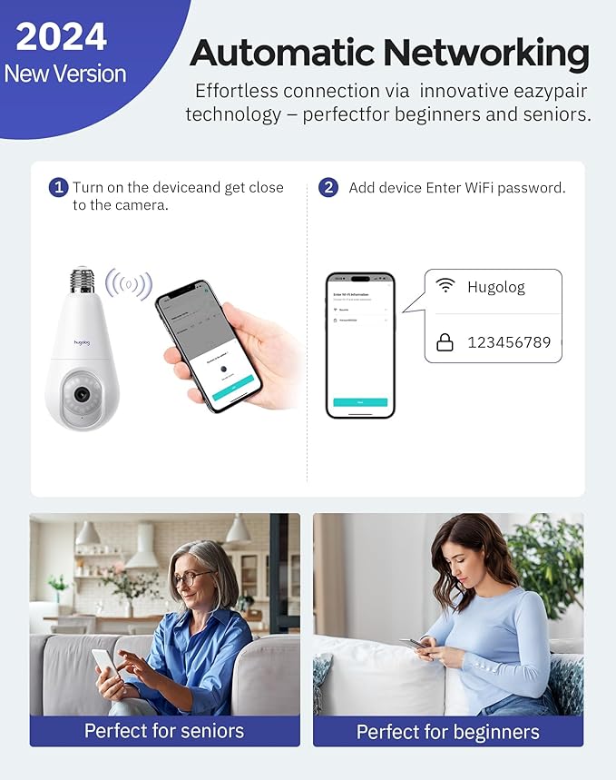 Hugolog 2K 3MP Light Bulb Security Camera 5G& 2.4GHz WiFi, 360° Wireless Outdoor Indoor Camera for Home, Motion Detection, Two-Way Talk, Color Night Vision, Siren Alarm, Compatible with Alexa