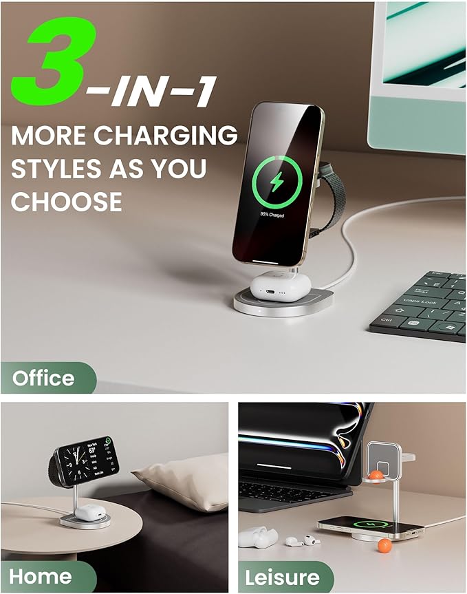 3-Point Power 3 in 1 Charging Station for Apple, KU XIU X85 Aluminum Alloy Magnetic Wireless Charger Stand with Mini Basketball & Hoop for iPhone 17/16/15/14/13/12, 5W for Apple Watch, AirPods, Gray